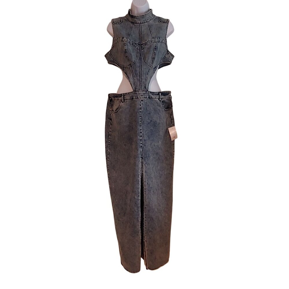 Nichole Lynel High Neck Cutout Denim Maxi Dress
